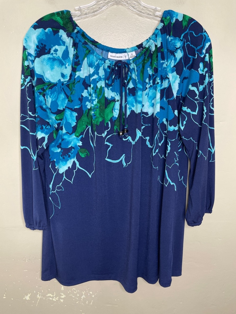 SUSAN GRAVER Blue & Green Floral Peasant Stretchy Liquid Knit Tunic Top Medium